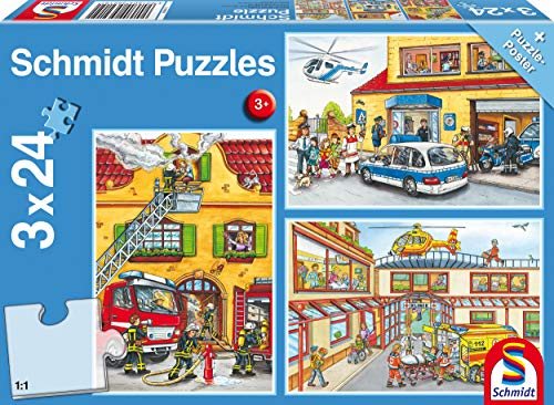Schmidt Spiele 56215 Feuerwehr und Polizei, 3x24 Teile Kinderpuzzle, Hellblau