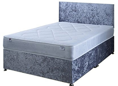 4FT Small Double Silver Crushed Velvet Divan Bed Set Including Deep Quilt Mattress And Headboard