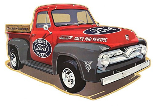 Ford rotes Vintage-Wandschild mit Pick-Up-Truck, geprägtes Metallschild – klassisches Ford-LKW-Schild für Garage oder Männerhöhle