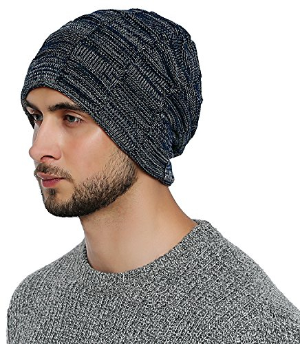 DonDon Mütze Herren Wintermütze Slouch Beanie Strickmütze mit warmen Fleece Innenfutter Nachtblau weiß