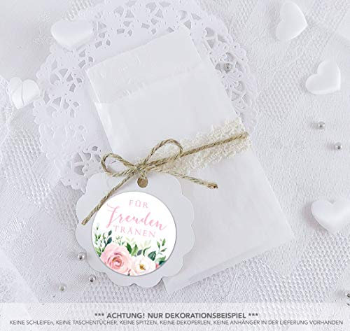 Freuden Tränen Taschentücher Set zur Hochzeit Groß 48 Sticker + 48 Pergamin Flachbeutel 63 x 93 mm Freudentränen Taschentuch Verpackung BOHO HIPPIE ROSEN EUKALYPTUS WEIß ZWEIGE ROT ROSA