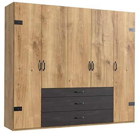 DEINE TANTE EMMA F99252 Detroit Planken Eiche Nb. / Stahl Schwarz Dekor Kleiderschrank Drehtürenschrank ohne Spiegel & ca. 250 cm