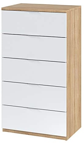 Commode à 5 tiroirs, Siphonier, Modèle Alaya, Fini en Chêne Canadien et Blanc Artik, Mesures : 60 cm (L) x 110 cm (H) x 40 cm (P)