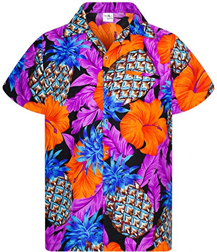 King Kameha Funky Hawaii-Hemd, Herren, Kurzarm, Pineapple-Hibiscus, Schwarz-Violett, XXL