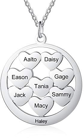 Collier Prenom Arbre de Vie Argent Aollier Cœur avec Prenom Personnalisé Gravé de 1 à 9 Noms pour Mère Grand-mère