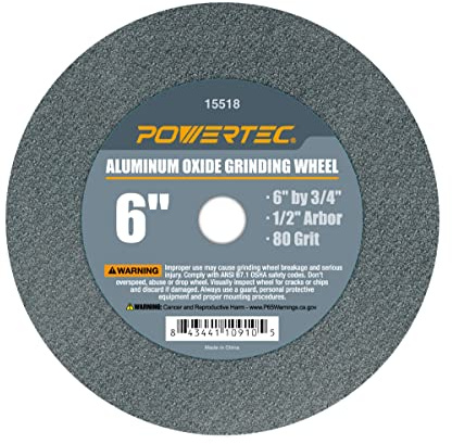 POWERTEC Bench Grinder Wheel 6 Inch 80 Grit, Aluminum Oxide Grinding Wheel for Bench Pedestal Grinder, 3/4 Thick 1/2 Arbor, Sharpening & Shaping Drill Bits, Blade, and Chisel 1PK (15518)