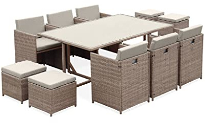 Alice's Garden Salon de Jardin 6-10 Places - Vabo - Coloris Beige, Coussins Beige, Table encastrable.