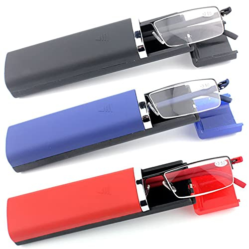 MMOWW 3er-Pack Lesebrille Damen und Herren Tragbare Ultraleichtem TR90 Lesehilfe Halbrand Metallbrille mit Brillenetui (schwarz+blau+rot, +2,5)