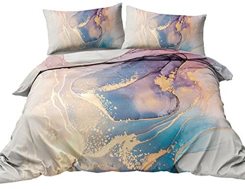 BlessLiving Elegant Marble Bedding Blue, Pink and Rose Gold Marble Duvet Cover Set Faux Gold Glitter Printed Design Quilt Cover for Girls Women (King)