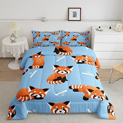 Red Panda Bedding Set Cute Animal Pattern Duvet Insert for Kids Boys Girls Cartoon Panda Duvet Cover Wildlife Style Quilted Child Toddler King Size Blue