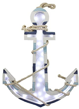 ELLUG Maritimer leuchtender Anker aus Holz mit LED und maritimen Designs zum Hängen, 40 * 30cm, Hängedekor für Badezimmer Küche Wohnzimmer in blau und weiß, Leuchtdekoration, Hängedekoration