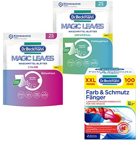 Dr. Beckmann MAGIC LEAVES und FARB & SCHMUTZFÄNGER | Praktisches Set aus Waschmittel-Blättern und Farbfang-Tüchern | für strahlend saubere Wäsche | 25 Blätter + 25 Blätter + 100 Stück