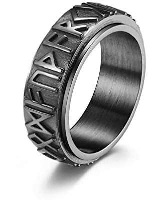 Wikinger Schmuck, Ehering Silber Herren Edelstahl Schwarz Wikingerschrift Drehbarer Angstring für Männer 60 (19.1) Kostenlos Gravieren