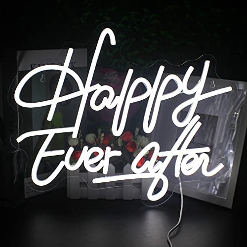Looklight Happy Ever After Cartel de neón Luz de neón blanca para la decoración de paredes USB Luz de neón feliz para el dormitorio Inicio Bar Pub Boda Fiesta de Cumpleaños Señal de regalo