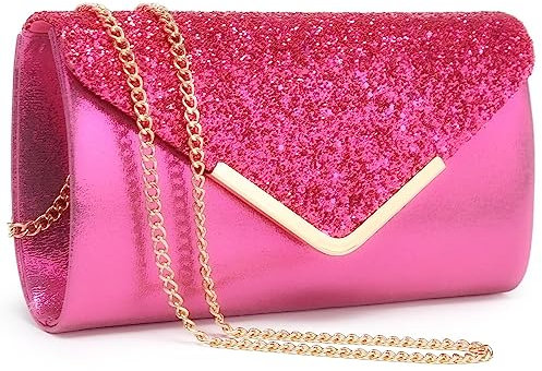 Dasein Borse da sera da donna Borse da frizione formali per feste di nozze Borse da ballo con tracolla e patta glitterata, Fucsia