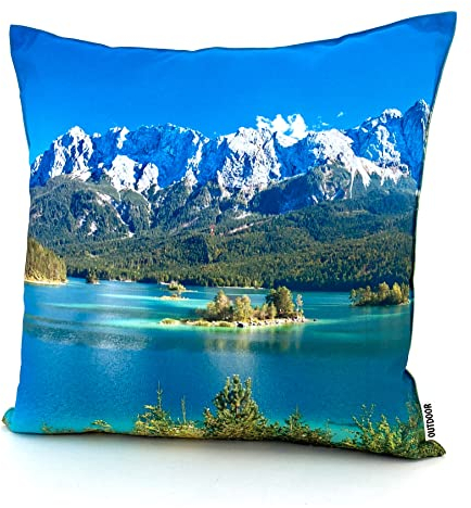 heimtexland ® Outdoorkissen Bedruckt 45x45 Garten Lounge Dekokissen Outdoor Lotus Effekt Typ742 Alpen Bergsee