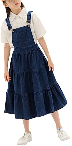 Yimutian Mädchen Rock Jeans Latzrock Denim-Kleid Latzkleid Jeanskleid Kinder Freizeit Jeans Latzkleider Overall mit Hosenträger Blau 164