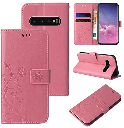 LBH Handy Hülle für Samsung Galaxy S10 Case Handytasche Schmetterling Blumen Flower Standfunktion Schutzhülle Magnet Rundum Schutz 360 Grad Flipcase Cover Rosegold