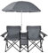 GOPLUS Silla de Camping 2 Plazas con Sombrilla, Sillón Doble con Bolsillo, Portavasos y Bolsa de Transporte, Silla Plegable Portátil para Playa Pesca Barbacoas Picnic (Gris)