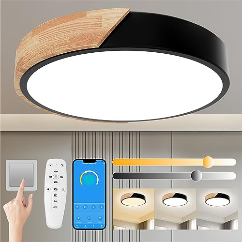 Yexati Lámpara de Techo Regulable,24W Plafon LED Techo con Mando a Distancia,3000K-6000K,Lampara LED Techo Modernos de Madera,Negro