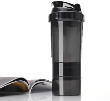 Black Protein Shaker Bottle - With Mixing Ball For Shake - Leak Proof Lid & Twist Off 3 Supplement Storage Compartments Pill Tray - Black Sports Water Bottle - Leak proof Protein Powder Shaker- 500ml