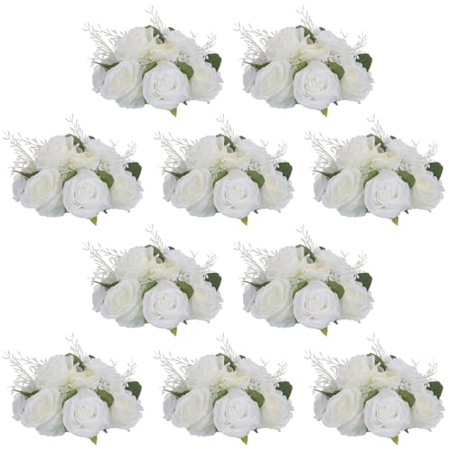 NUPTIO Centres de Table en Fleurs Artificielles: 10 Pièces 24cm Diamètre Fausses Fleurs Roses Blanches Composition Boules Soie Faux Bouquet Mariage pour Maison Décorations Fête d'anniversaire