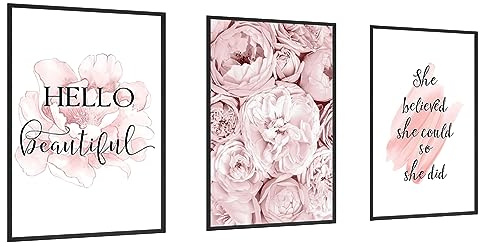 3 Pieces Inspirational Quotes Wall Art Framed Print for Girl's Room Decoration Peony Flower