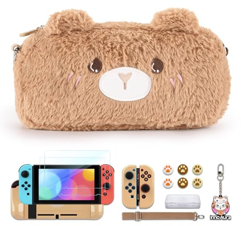 innoAura Switch Case, 15 in 1 Switch Zubehör Bundle mit Switch Tragetasche Plüsch, Switch Case Niedlicher Bär, Switch Displayschutzfolie, Switch Game Case(Brauner Bär)