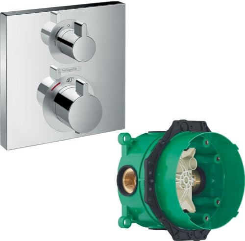 Façade mitigeur thermostatique encastré HANSGROHE Ecostat Square avec robinet d'arrêt et inverseur chromé + corps encastré
