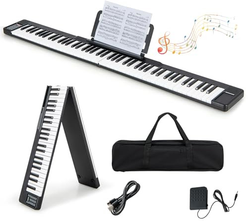 COSTWAY 88-Key Foldable Digital Piano Keyboard, Full Size Electronic Pianos with MIDI, Split Function, Sustain Pedal and Carrying Bag, Portable Musical Instruments Keyboard for Kids Adults (Black)