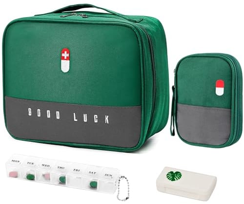 WuGU 2stk Medikament Tasche, Tragbar Medikamententasche mit 2 Stück Tablettenbox, feuchtigkeitsbeständig Medizin Aufbewahrungstasche,Reiseapotheke Tasche für Schule,Reisen,Camping und Wandern -Grün