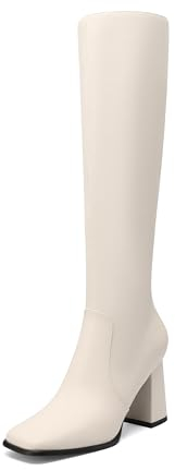 MIRAAZZURRA Stivali da Donna Globig Alti a Punta Quadrata Chunky Con Tacco Alto, Bianco, 38 EU