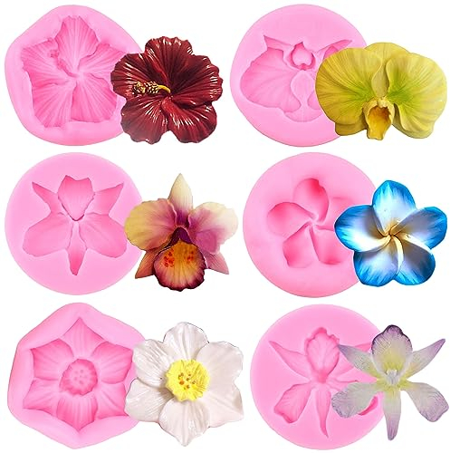 RFGHAC Lot de 6 moules en silicone en forme de fleur d'orchidée pour fondant, fleur d'hibiscus, moule à chocolat pour décoration de gâteaux, cupcakes, bonbons, argile polymère