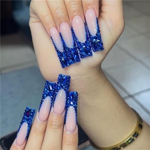 Blue Diamond Fake Nails Long Square Press on Nails French Tips Nail Art Decoration for Women and Girls Manicure 24pcs