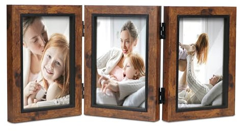 Shampsen 3 Bilderrahmen 10x15 Bilderrahmen Collage Braun mit Scharnier Dreifach Faltbarer Rahmen Tischplatte Schreibtisch-Display, Geschenk für Mutter, Freund
