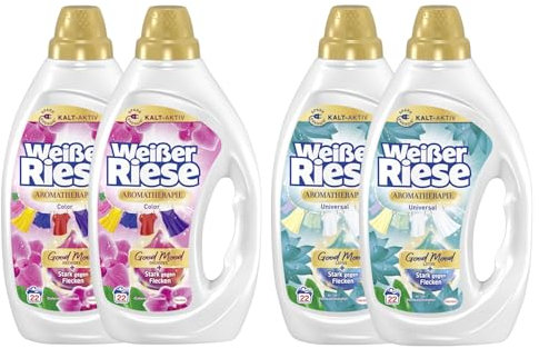 WEISSER RIESE Gel-Set 4x 22 Waschladungen (88WL) Aromatherapie 2x Color Orchidee & 2x Universal Lotus, mit Good Mood-Duft für unwiderstehlich duftende & strahlend saubere Wäsche