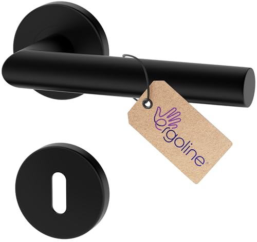 ERGO line LUCA Poignée de porte d'intérieur, noire, pour portes d'intérieur à clé, paire de poignées de porte sur rosaces rondes, noire mate, garnitures de porte, poignée