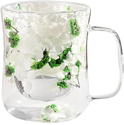 Taza de vidrio de doble pared,Vasos de vidrio con flores secas - Tazas de café expreso de doble pared - Tazas de café de flores secas y té de transparente de 370 ml, resistentes al calor con asa, para