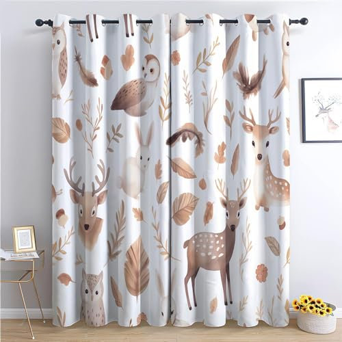 CozyRest Vorhang Blickdicht ösen 2er Set Aquarell Waldtiere Muster Gardine Lichtundurchlässig Fenstervorhang Wohnzimmer Bohemian-Stil Vorhänge Größe: H 214 x B 91.5 cm