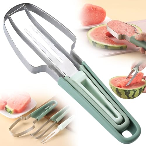 Wassermelonen Schneider 3-in-1 Melonenschneider, 2024 Neu Obstschneider aus Edelstahl, Obstgabeln-Schneidemesser, Sommer Wassermelonen-Fruchtschneidegabel (1 Stück Grün)