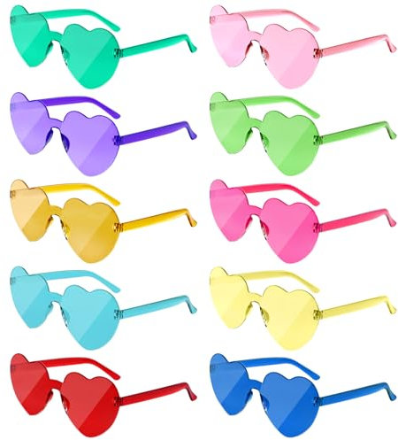 NACHLYNN 10 Paar Herz Sonnenbrille Mehrfarbig Farben Randlose Herzförmige Sonnenbrille für Damen Transparente Bonbonfarbene Herzbrille für Valentinstag Partygeschenke