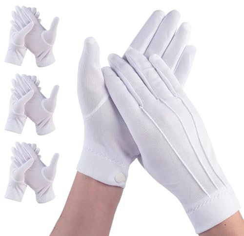Parastar 4 Paar Weiße Handschuhe,Baumwollhandschuhe Weiß mit Druckknöpfen,Stoffhandschuhe mit 3 Faden Design,Uniform Handschuhe weiß für Hochzeiten, Smokings, Festliche Uniformen (23.5 * 8.5cm)