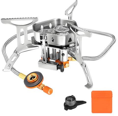 Fornello a gas da campeggio portatile antivento da 5800 W con accensione piezoelettrica, bruciatore a gas pieghevole con 3 fuochi per cucinare all'aperto, escursionismo, pesca, barbecue, campeggio e