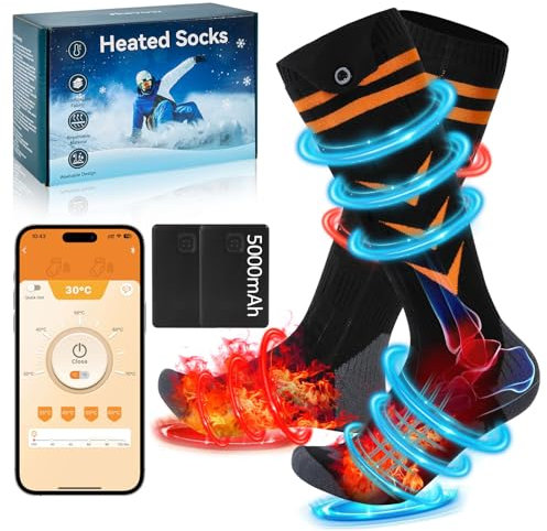 Heated Socks,Jkevow Rechargeable Electric Heating Socks 5000 mAh with 4 Levels of Temperature Settings & APP Control, Winter Foot Warmer for Men Women Outdoor Skiing, Winter Camping, Hiking