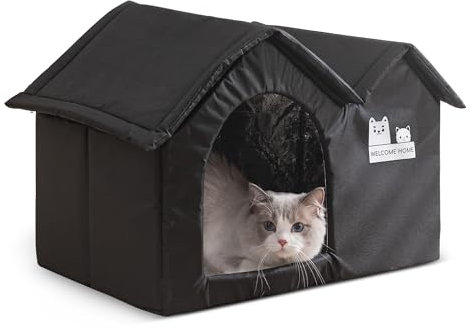 ALLSOPETS Faltbares Katzenhaus für Draußen, Wasserdichtes Hundehaus, Warmes Isoliertes Haustierhaus mit Doppel-Dach Design für Kleine und Mittlere Haustiere (Kohlschwarz)