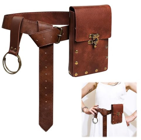 XEERUN Mittelalter GüRtel, Hüfttasche, Steampunk Vintage Gürteltasche, Mittelalterlicher Kunstledergürtel, Leder Wikingertasche, Schlüsselring, Bauchtasche für Renaissance Cosplay Kostüm, Braun