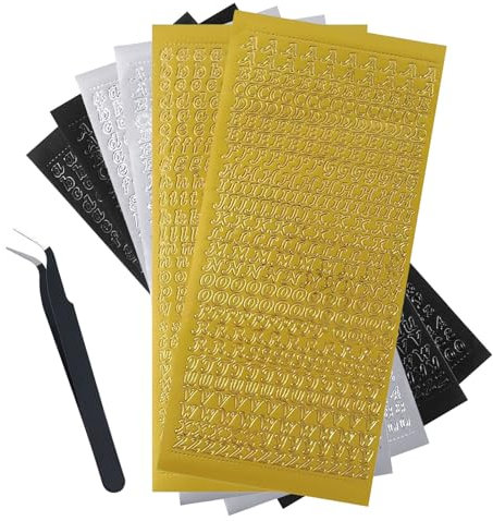 6 Blatt Buchstabenaufkleber, selbstklebende Aufkleber mit Edelstahlpinzette, Heißprägeetiketten Aufkleber Gold Silber Schwarz Mini Buchstabe A-Z Aufkleber für Scrapbooking DIY Bastelprojekte