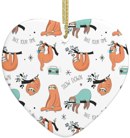 Braunes Faultier Weihnachtsbaum Keramik Hängend für Christbaumschmuck Herzförmiger Anhänger mit Goldseil
