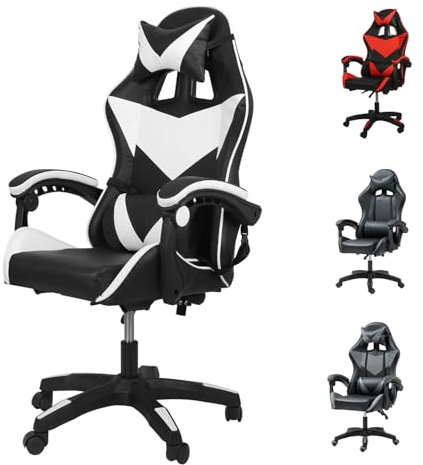 Yesuitme Gaming Chair, Computer Chair with Lumbar Cushion, Headrest, Height-Adjustable Office Chair Gaming Chair for Adults, Girls, Boys (Without Footrest, Black+White)