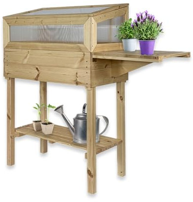 gartenetage Hochbeet mit Frühbeet-Aufsatz und Ablage aus Holz – Wetterfest, Platzsparend, Ergonomisch, Mit Aufsatz, Praktisches Zubehör inklusive